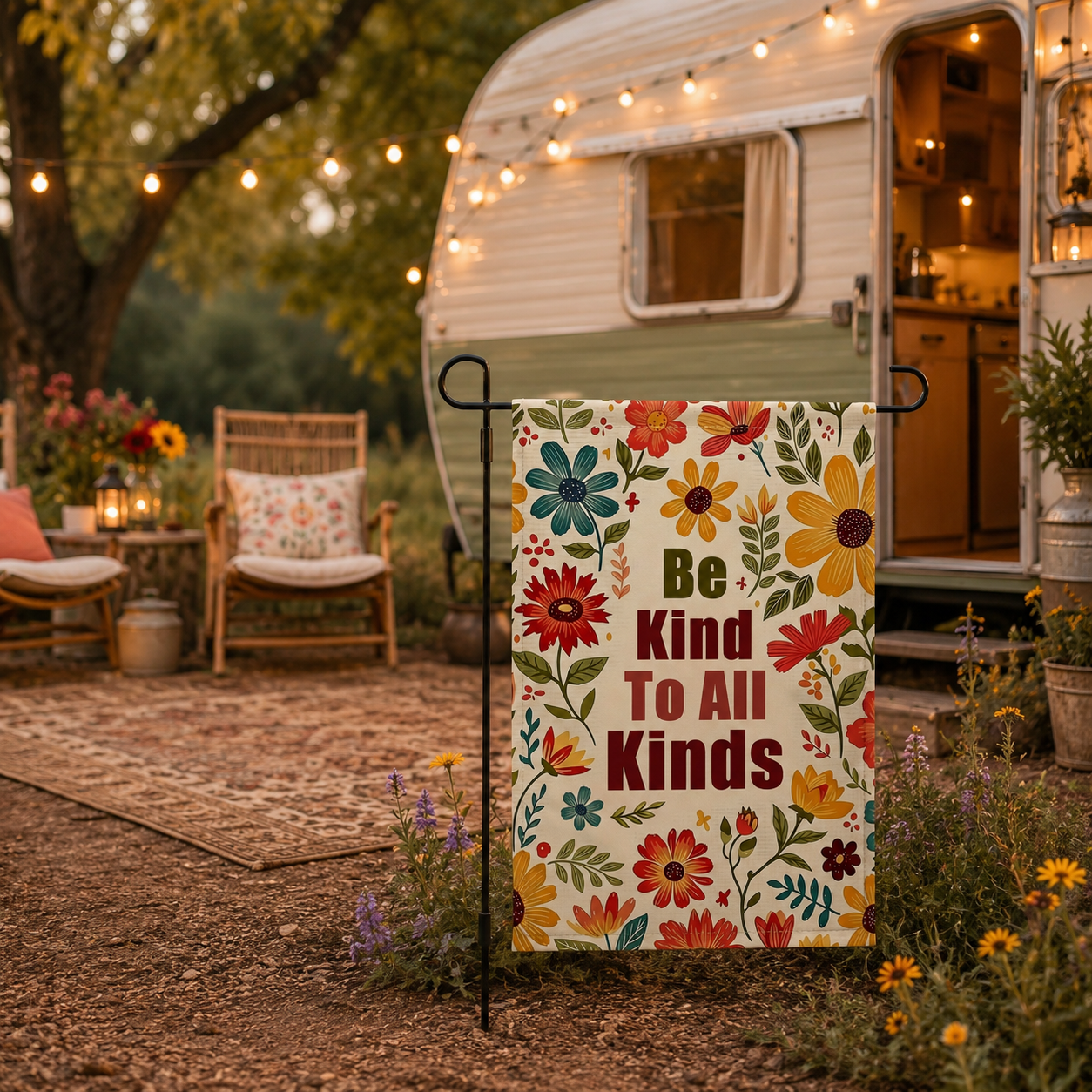 Be Kind floral garden flag styled beside a cozy camper campsite