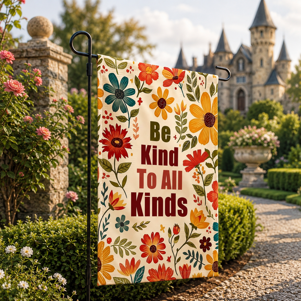 Be Kind floral garden flag displayed in a formal estate garden