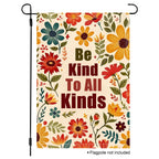 Be Kind floral garden flag with colorful flowers on a cream background