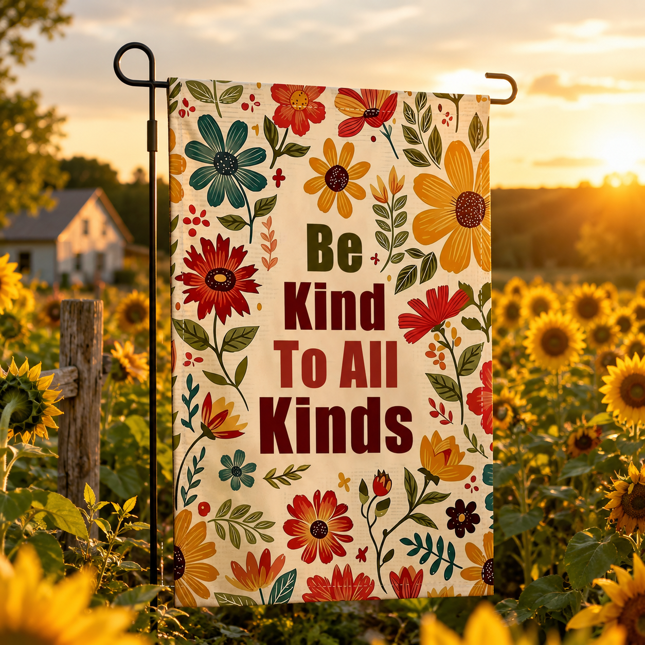 Be Kind floral garden flag displayed in a golden sunflower field