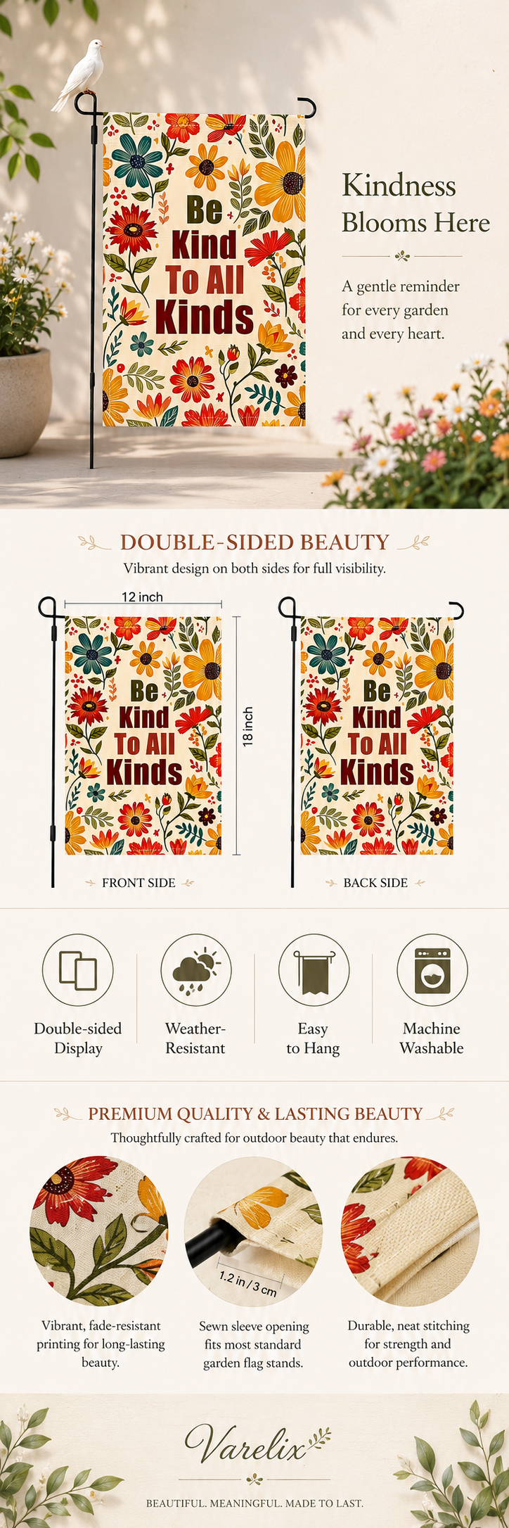 Be Kind garden flag infographic showing double-sided display, features, and close-up details