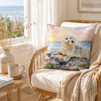 An aesthetic coastal style cushion with a watercolor baby seal illustration, placed on a classic rattan armchair by a sunlit window overlooking the ocean.