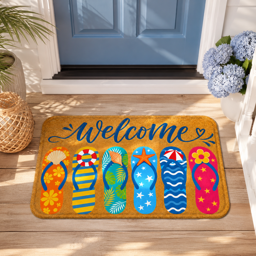 A vibrant beach-themed welcome mat with colorful flip-flops placed at the entryway of a light blue front door next to blue hydrangeas.