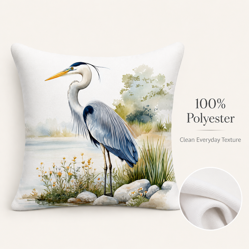 Polyester heron pillow cover with soft watercolor marsh landscape and clean neutral tones.