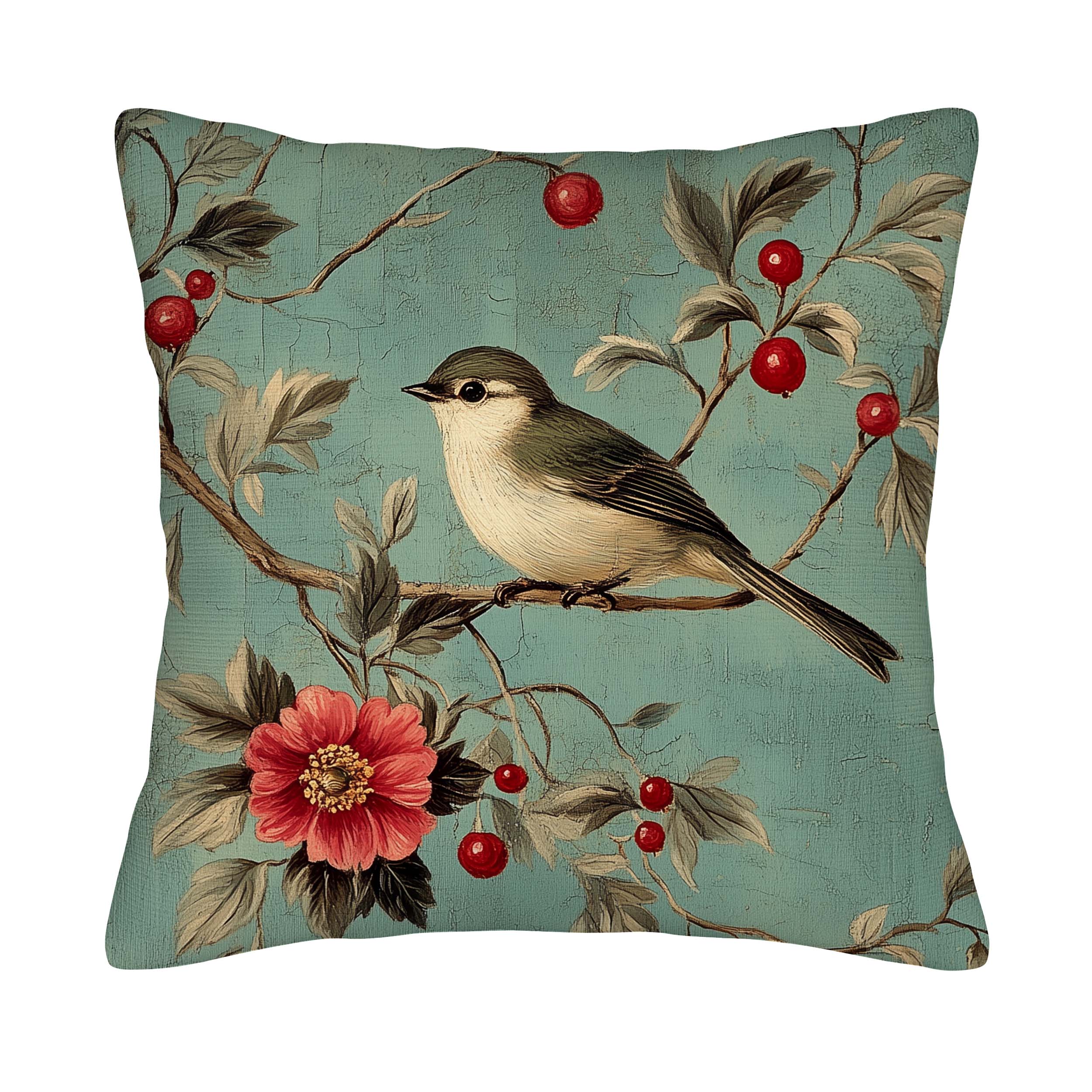 Bird floral pillow cover isolated on a clean white background.