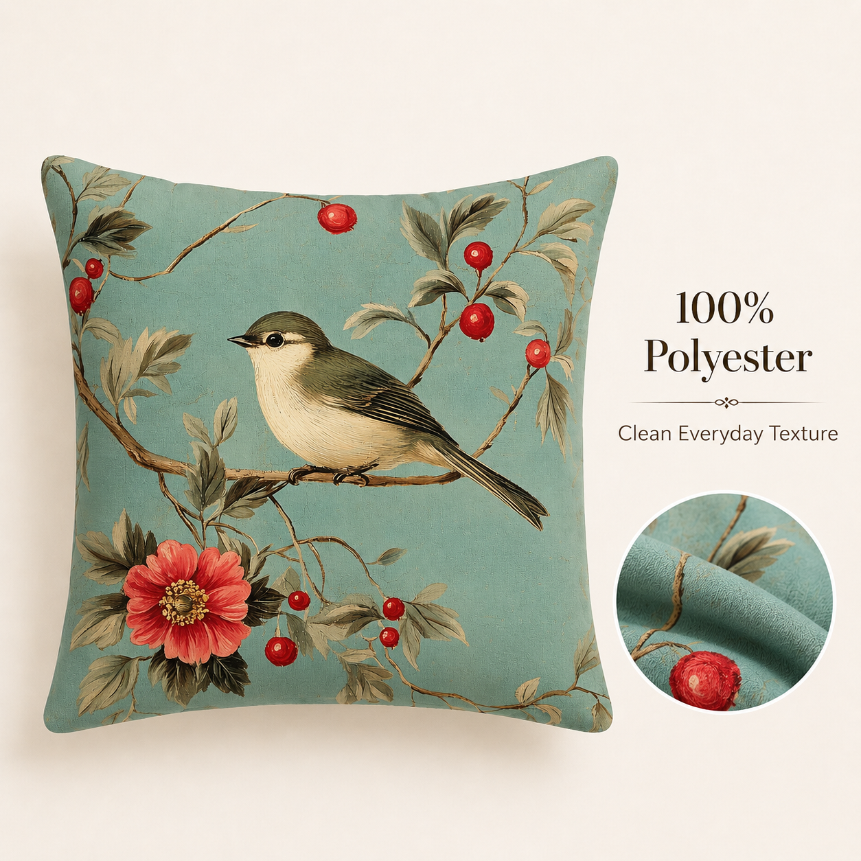 Bird floral pillow cover with soft turquoise background and red berries.