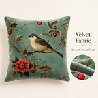 Velvet bird floral pillow cover with vintage botanical branch artwork.