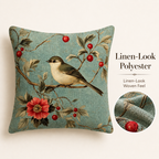 Linen-look bird pillow cover with woven texture and floral branches.