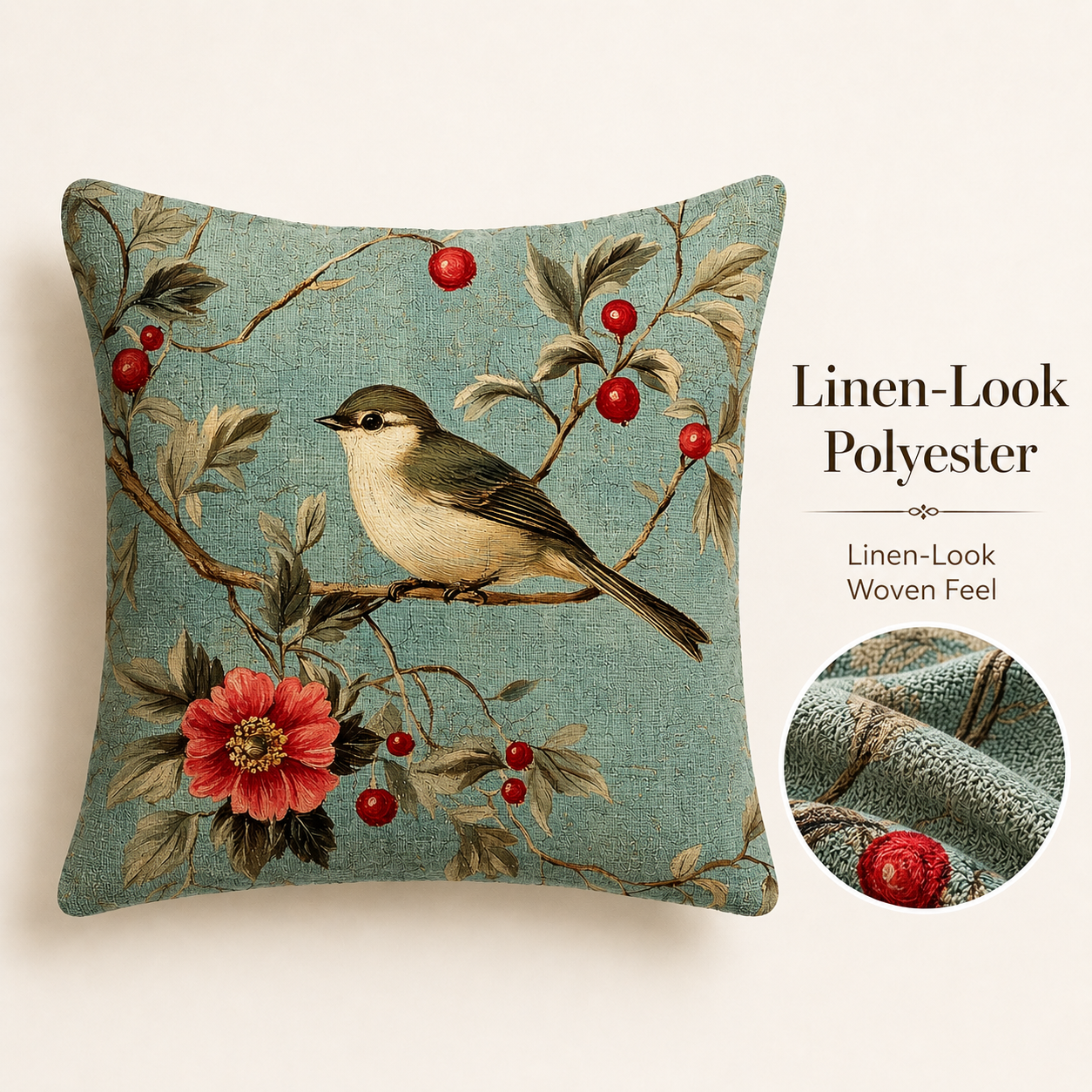 Linen-look bird pillow cover with woven texture and floral branches.