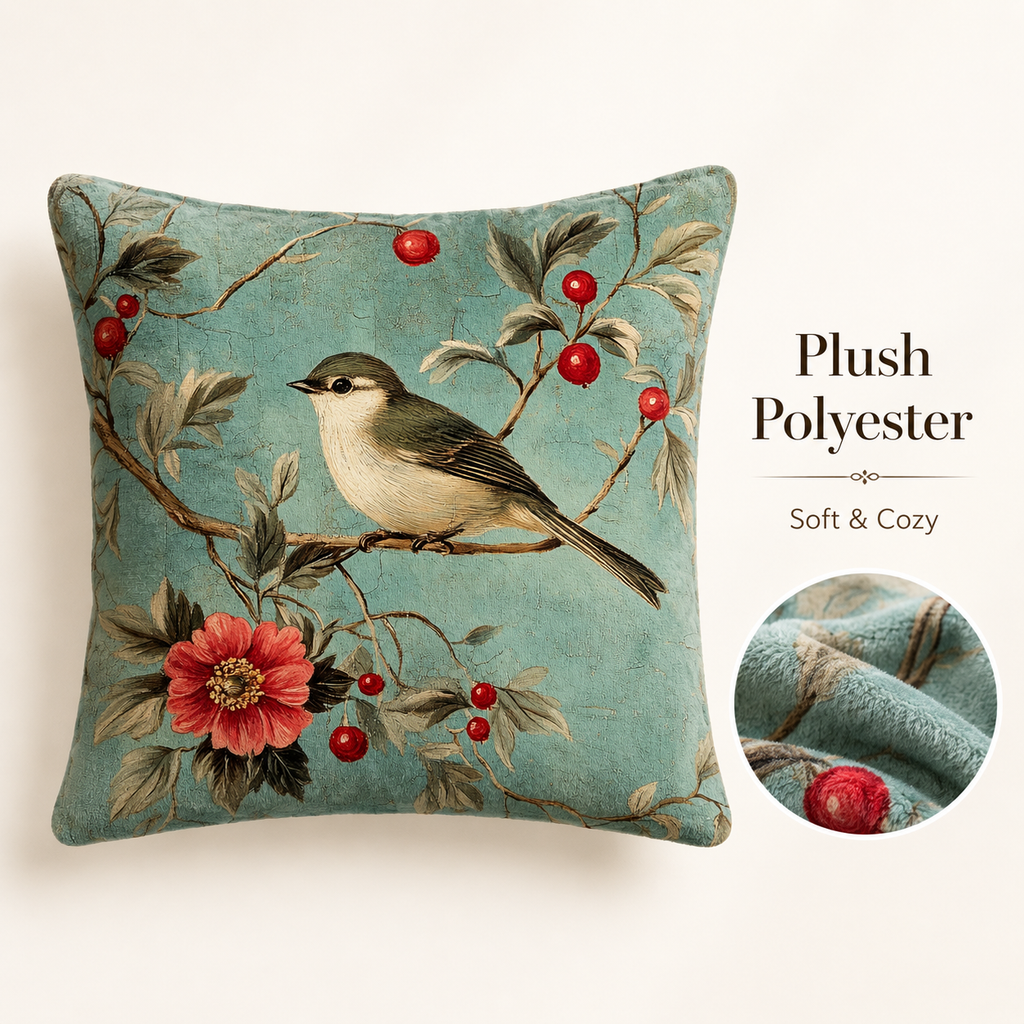 Plush bird pillow cover with cozy floral and berry print details.