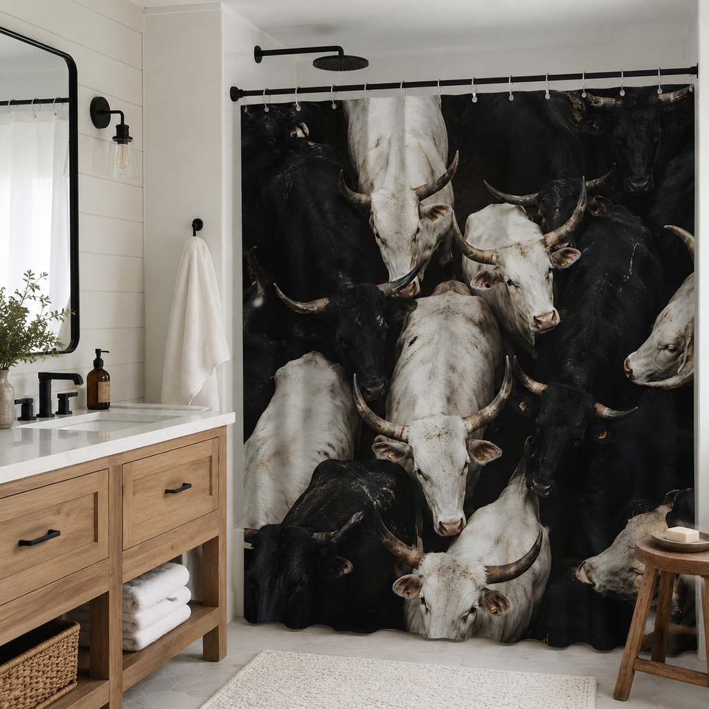 A high-contrast black and white longhorn bulls shower curtain hanging in a bright modern bathroom with light wood vanity, black fixtures, and white shiplap wall.