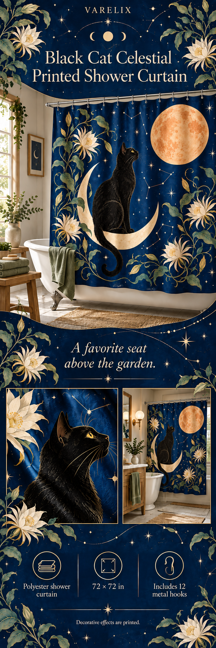 Black Cat Celestial Printed Shower Curtain by VARELIX, A+ detail poster with verified material, sizes and included items.