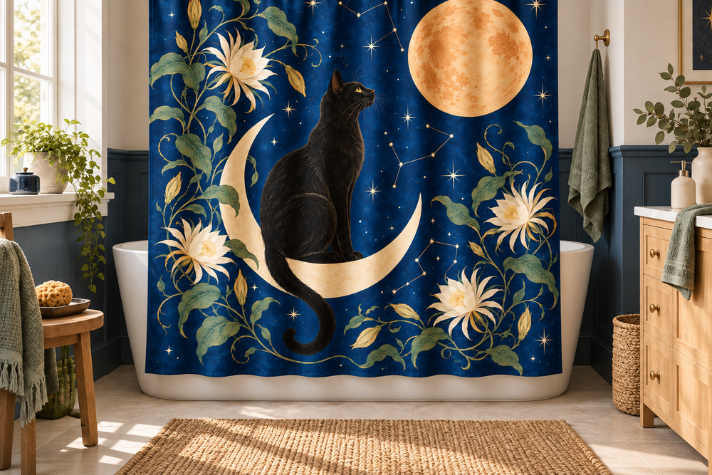 Black Cat Celestial Printed Shower Curtain