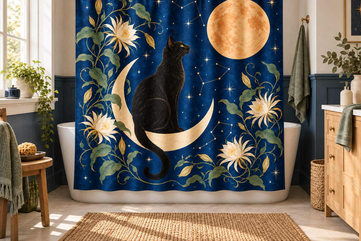 Black Cat Celestial Printed Shower Curtain, lifestyle view 1: Curtain fully drawn across a standard tub, nearly frontal view, entire square print readable, exactly 12 metal hooks on straight rod, no floor-length distortion.
