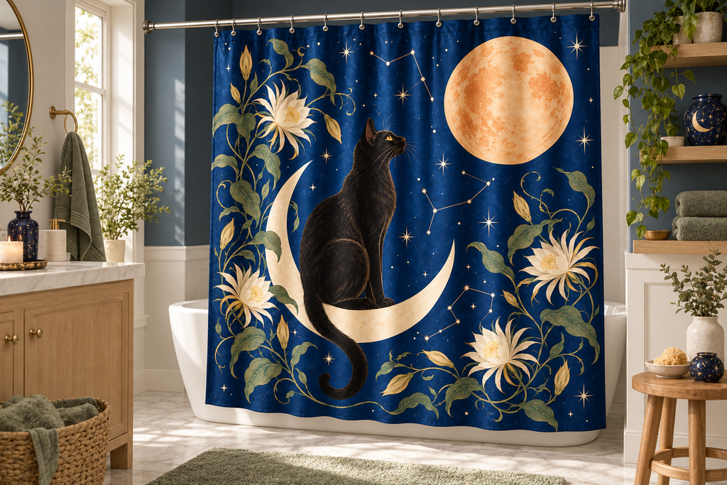 Black Cat Celestial Printed Shower Curtain, lifestyle view 2: Three-quarter view of a standard tub and square curtain, entire product visible with soft vertical folds, no window or fixture passing through cloth.