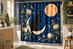 Black Cat Celestial Printed Shower Curtain, lifestyle view 2: Three-quarter view of a standard tub and square curtain, entire product visible with soft vertical folds, no window or fixture passing through cloth.