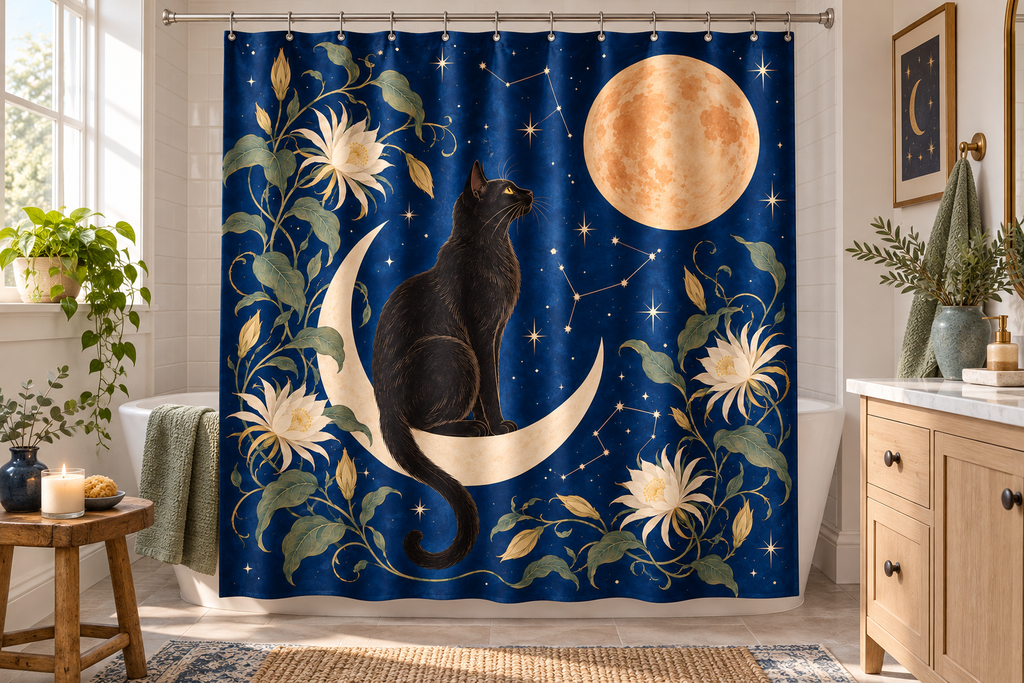 Black Cat Celestial Printed Shower Curtain, lifestyle view 3: A bright bathroom with square curtain as the dominant focal wall, medium-wide editorial view, all 12 hooks visible, camera at natural eye level.