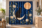 Black Cat Celestial Printed Shower Curtain, lifestyle view 3: A bright bathroom with square curtain as the dominant focal wall, medium-wide editorial view, all 12 hooks visible, camera at natural eye level.