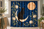 Black Cat Celestial Printed Shower Curtain, lifestyle view 4: Closer front-angle bathroom view focused on the full square printed curtain, restrained surroundings, realistic fabric folds without hiding the central design.