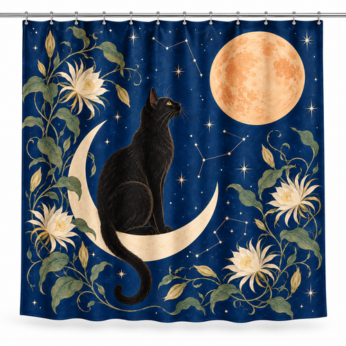 Black Cat Celestial Printed Shower Curtain on a white background, showing the complete printed design.