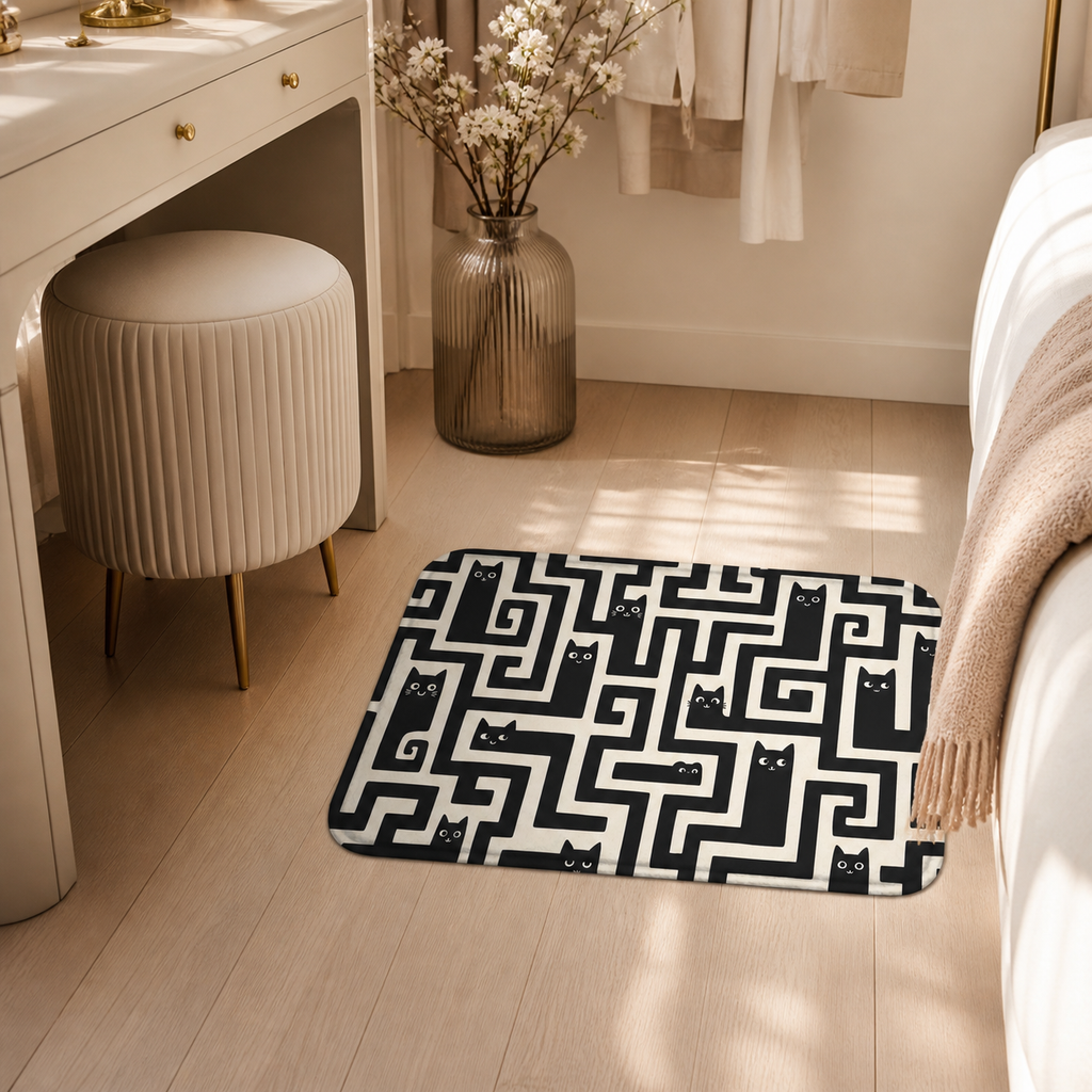 Black cat maze floor mat styled beside a warm bedroom vanity.