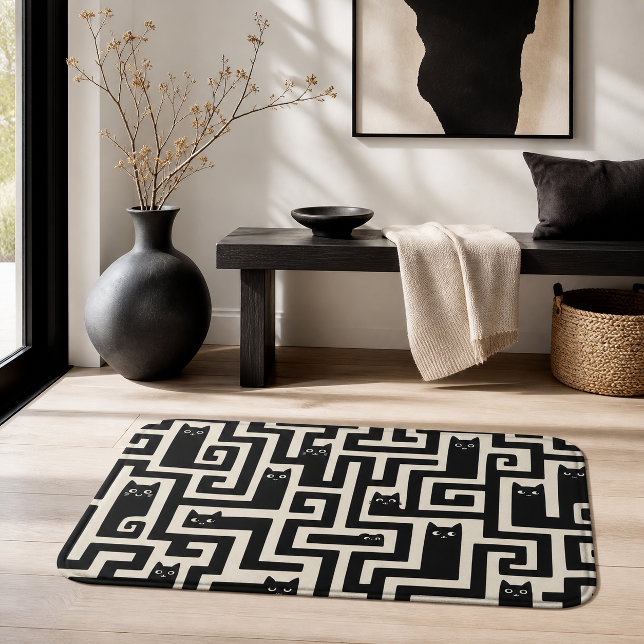 Black cat maze floor mat styled in a modern entryway space.