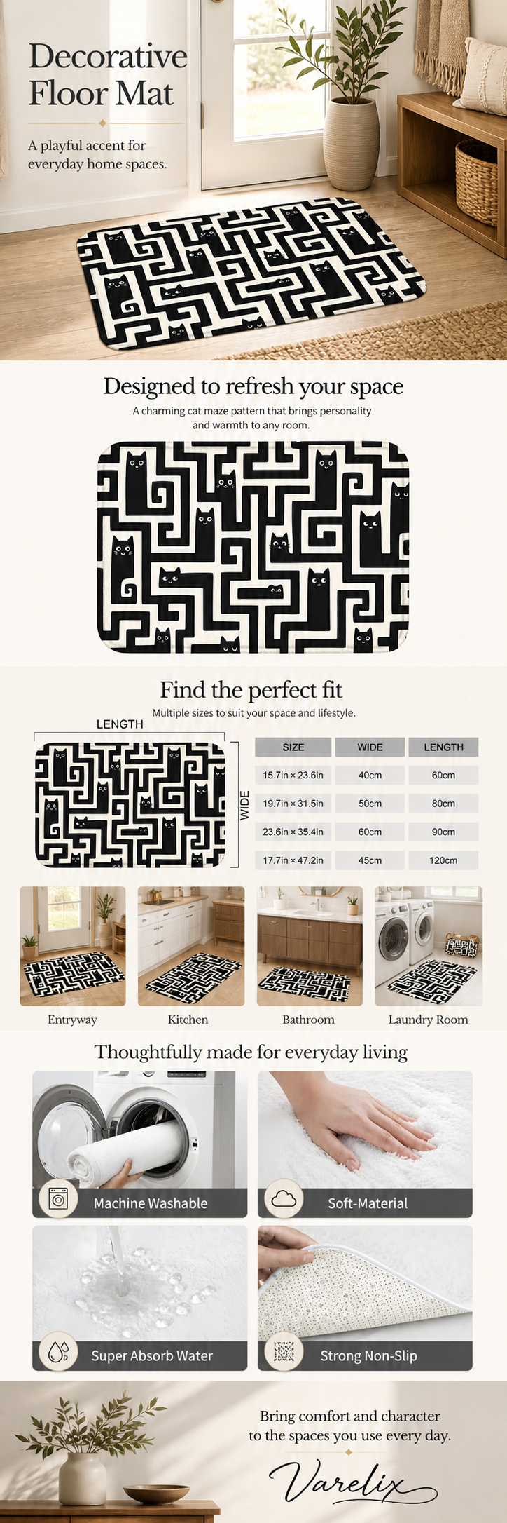 Black cat maze floor mat with size, room, and feature details.