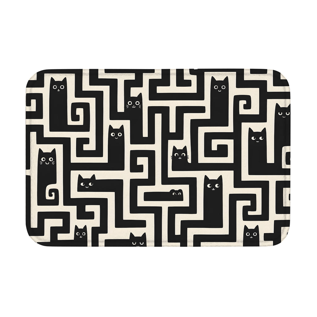 Black cat maze floor mat with rounded corners on white background.