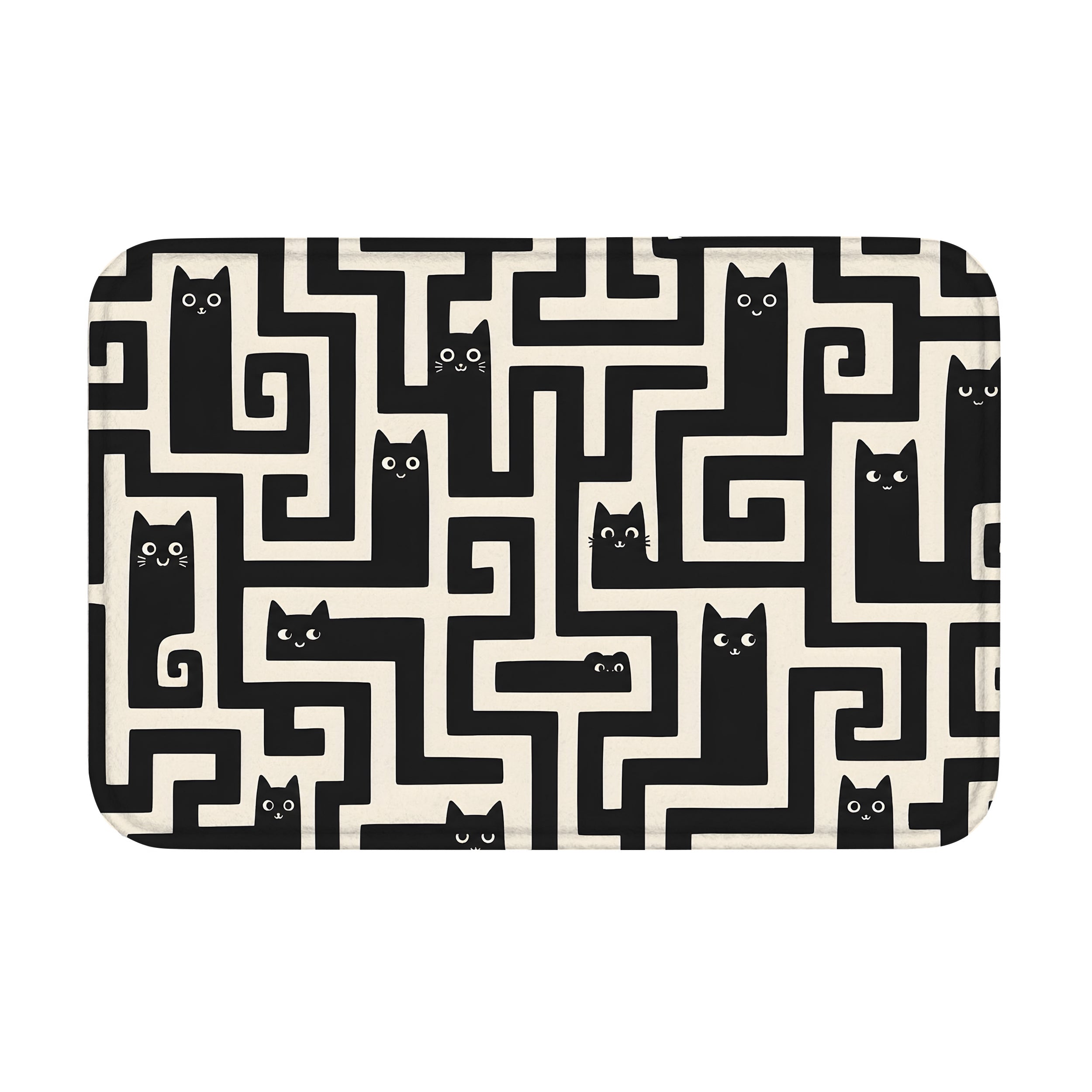 Black cat maze floor mat with rounded corners on white background.
