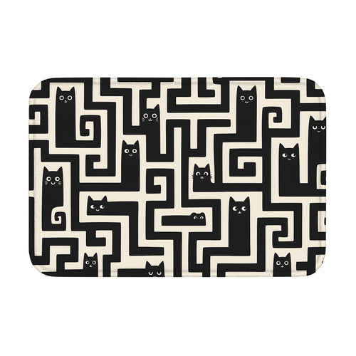 Black cat maze floor mat with rounded corners on white background.