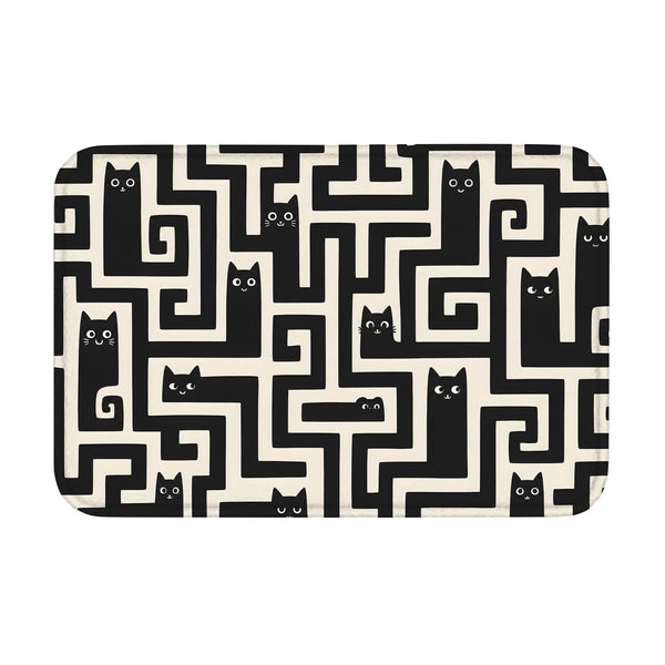 Black cat maze floor mat with rounded corners on white background.