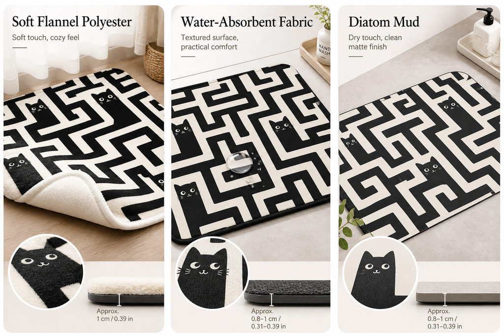 Black cat maze floor mat showing flannel, absorbent, and diatom mud options.