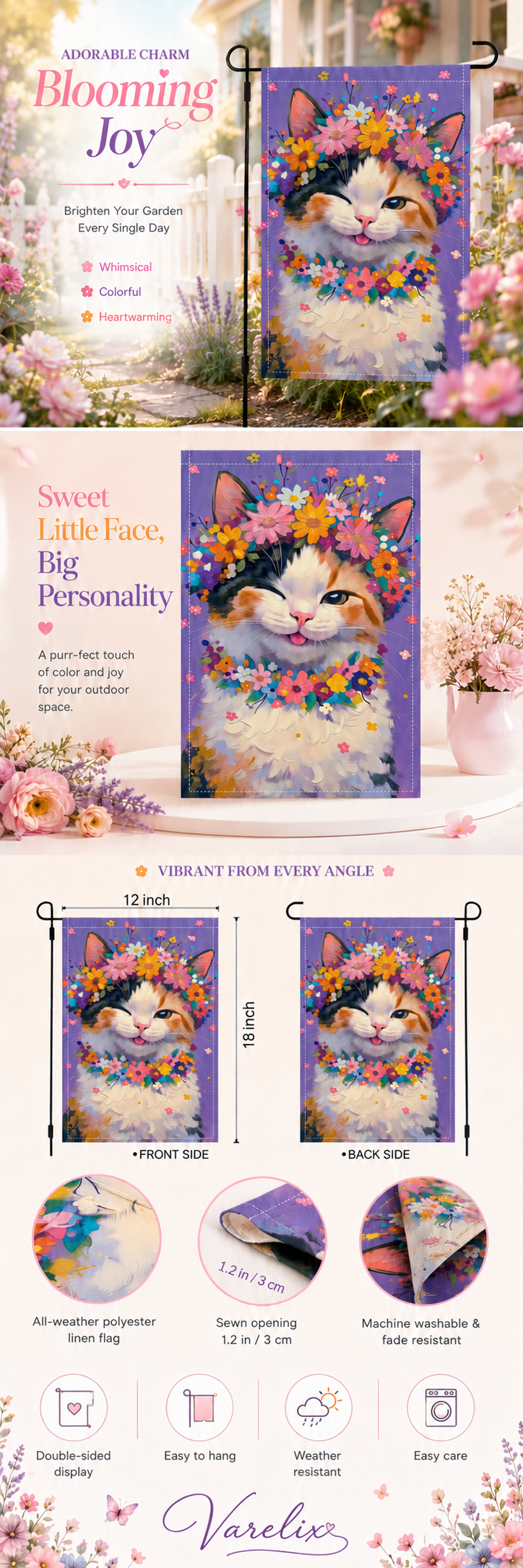 Floral calico cat garden flag product details showing double-sided display, fabric close-ups, dimensions, and weather-resistant features.