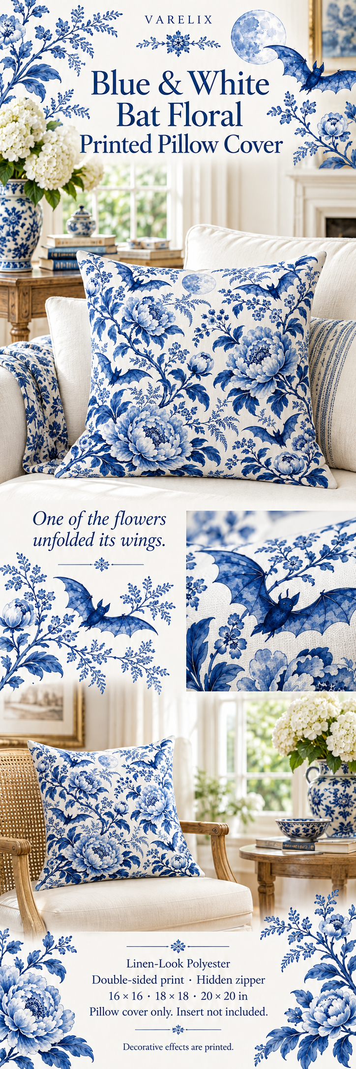 Blue & White Bat Floral Printed Pillow Cover by VARELIX, A+ detail poster with verified material, sizes and included items.