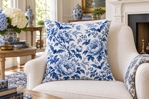 Blue & White Bat Floral Printed Pillow Cover, lifestyle view 1: Placed upright on an accent chair, nearly frontal with full print clearly visible; room-wide interior composition.