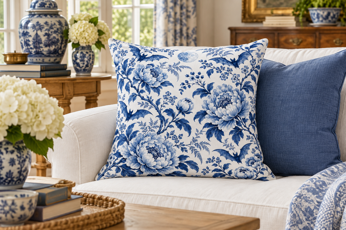 Blue & White Bat Floral Printed Pillow Cover, lifestyle view 2: A prominent single pillow on a sofa beside one plain solid-colored cushion; medium interior composition, product fills at least 40 percent of frame.