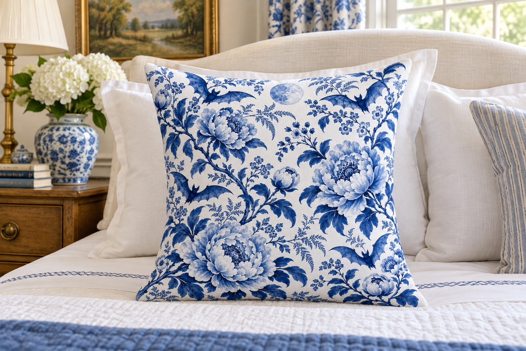 Blue & White Bat Floral Printed Pillow Cover, lifestyle view 3: Centered in front of plain pillows on a neatly made guest bed; eye-level composition, believable 18-inch pillow scale.