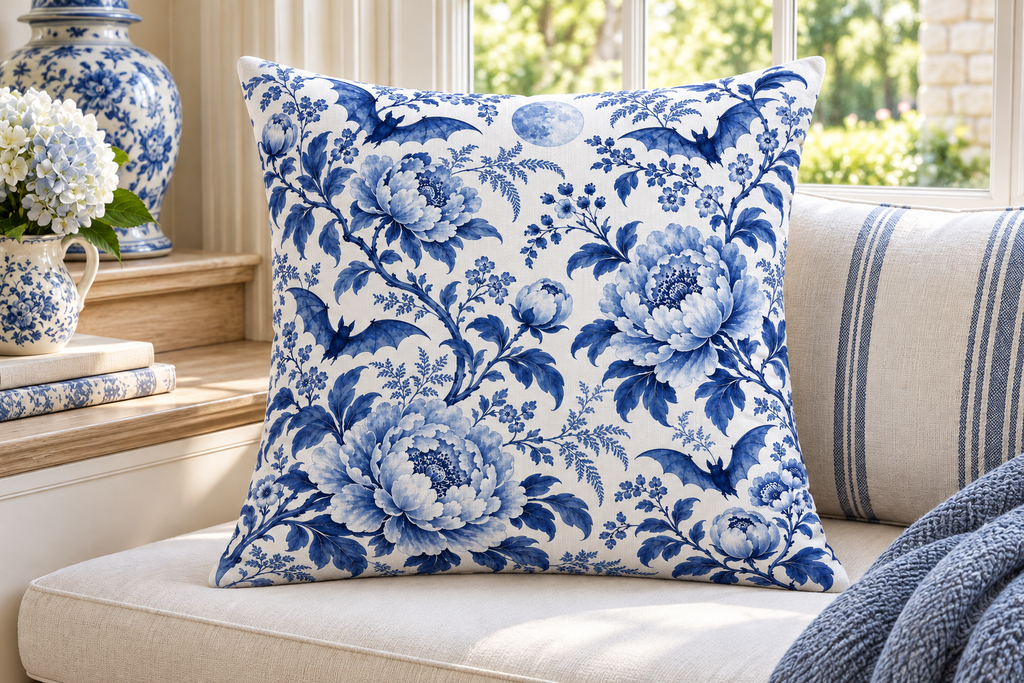 Blue & White Bat Floral Printed Pillow Cover, lifestyle view 4: Close editorial view on an indoor window bench, full pillow and all edges visible, gentle side light reveals the real textile texture.