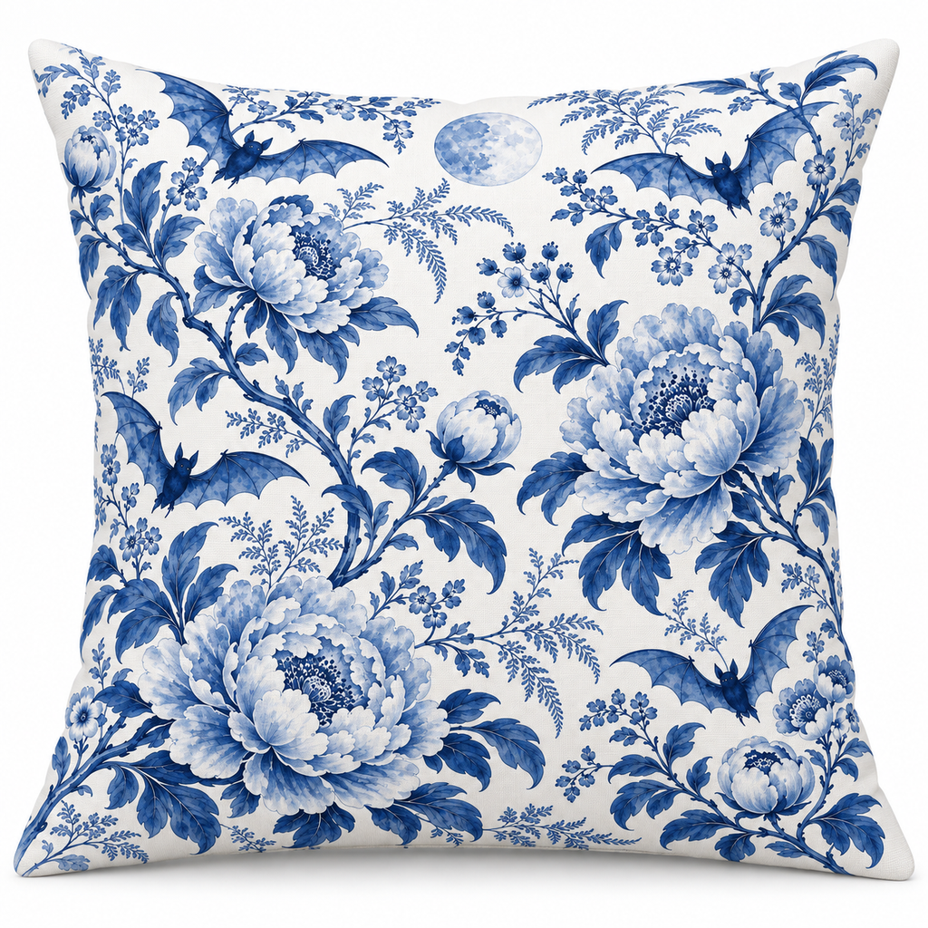 Blue & White Bat Floral Printed Pillow Cover on a white background, showing the complete printed design.