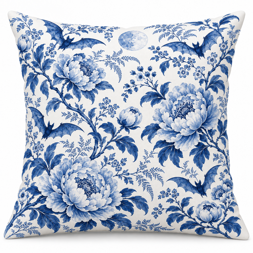 Blue & White Bat Floral Printed Pillow Cover on a white background, showing the complete printed design.