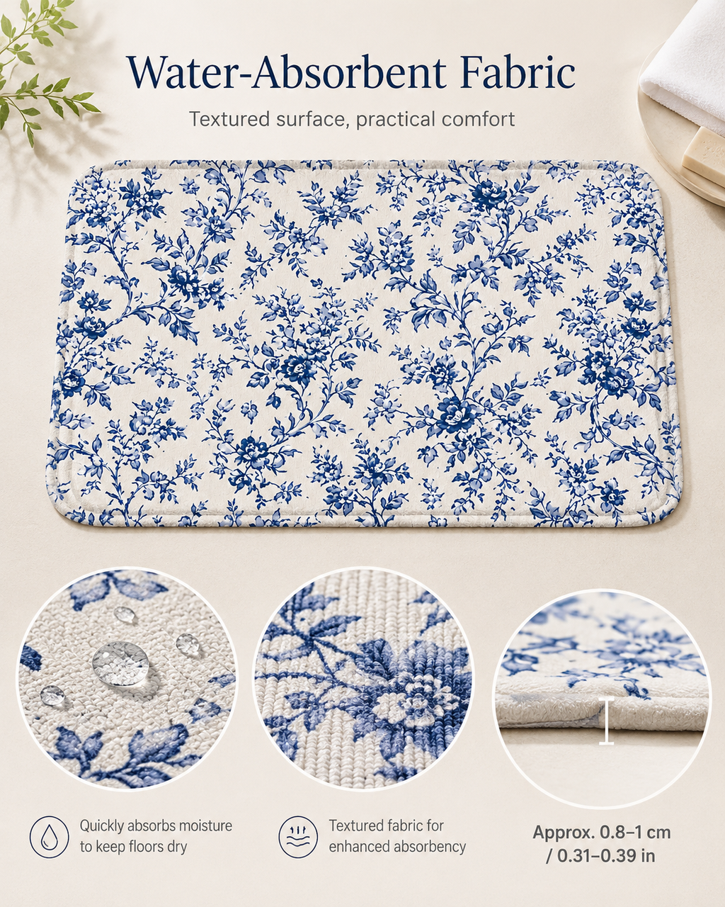 Blue floral absorbent bath mat with textured surface and thickness details.
