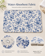 Blue floral absorbent bath mat with textured surface and thickness details.