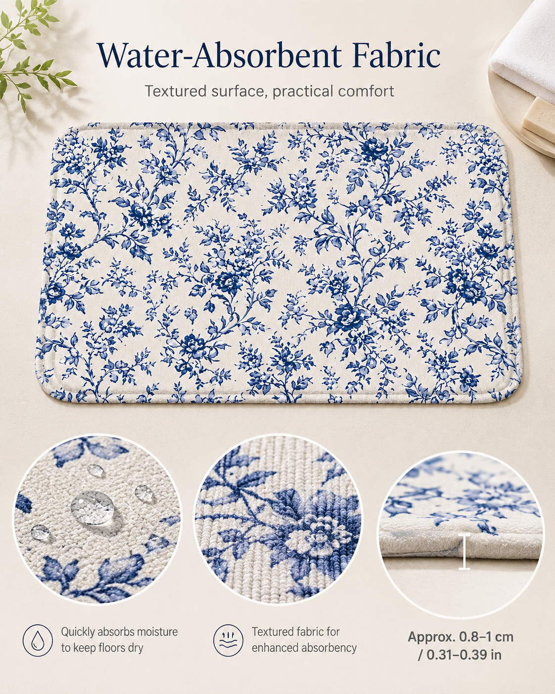 Blue floral absorbent bath mat with textured surface and thickness details.