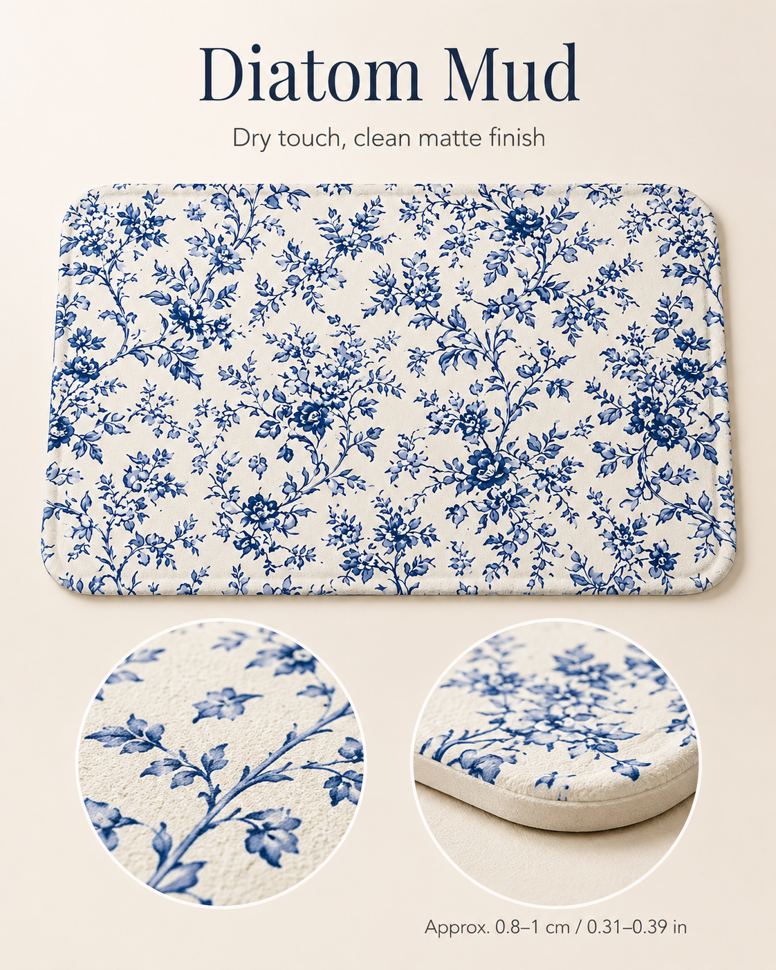 Blue floral diatom bath mat with dry matte finish and edge detail.
