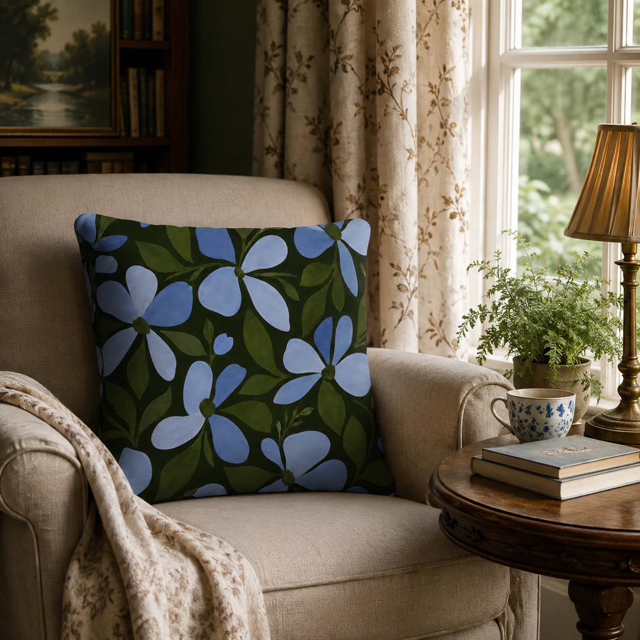 Blue flower pattern throw pillow cover styling on a classic armchair next to a side table.