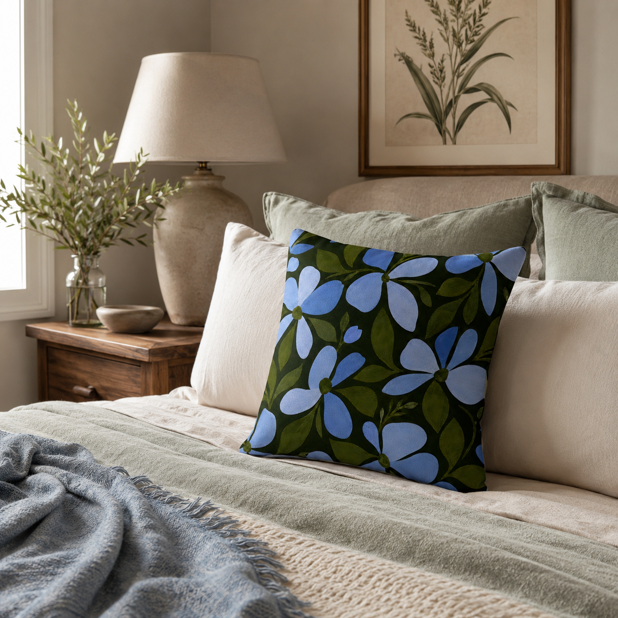 Blue botanical print pillow cover arranged on a bed with cozy blankets and linens.