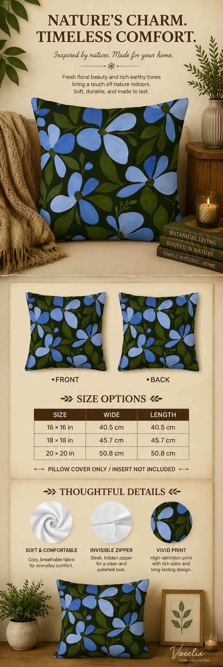 Infographic for blue floral pillow cover showing front and back views, size chart, and zipper details.