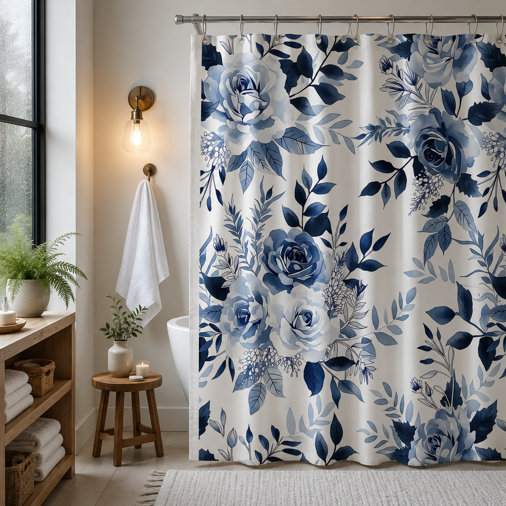 Bright, modern bathroom featuring a white fabric shower curtain with a vibrant blue botanical and rose print next to a light wood shelving unit.