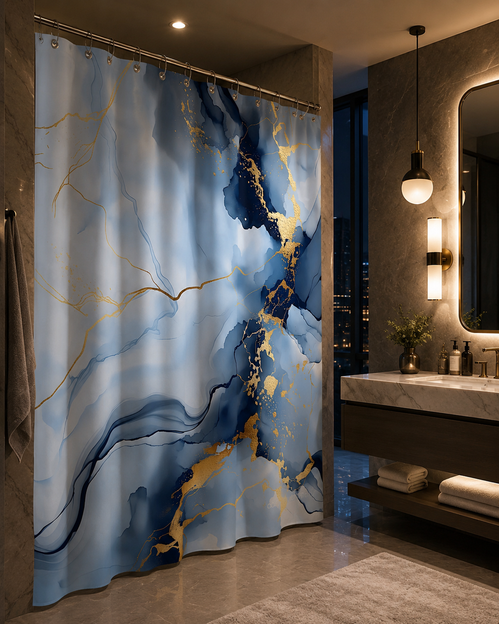 Sophisticated blue and gold marble shower curtain in a dark luxury bathroom with warm ambient lighting.