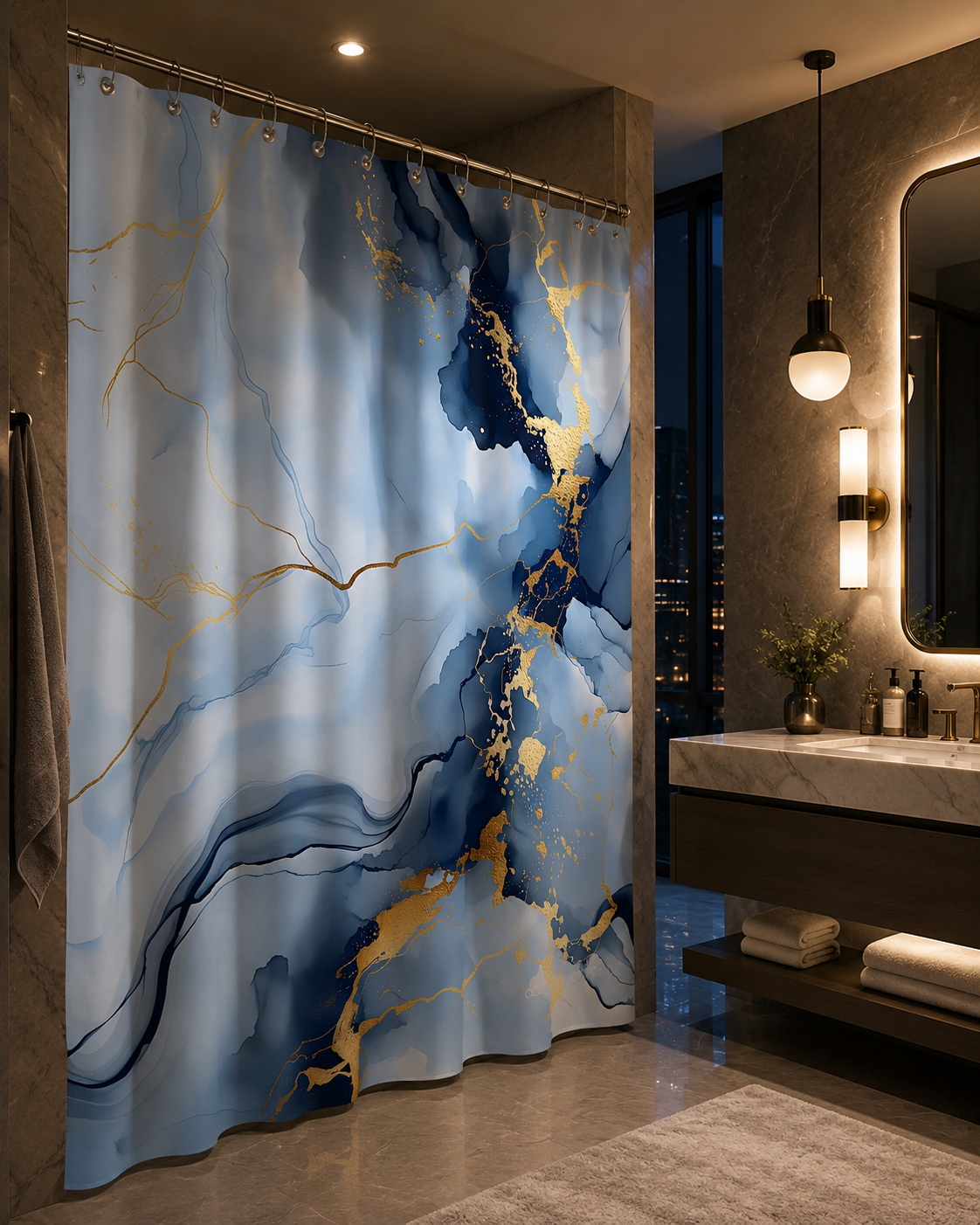 Sophisticated blue and gold marble shower curtain in a dark luxury bathroom with warm ambient lighting.